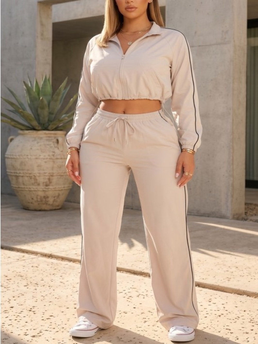 Cropped Track Jacket & Wide-Leg Pants Set - Beige ST-33256-2CLRS3